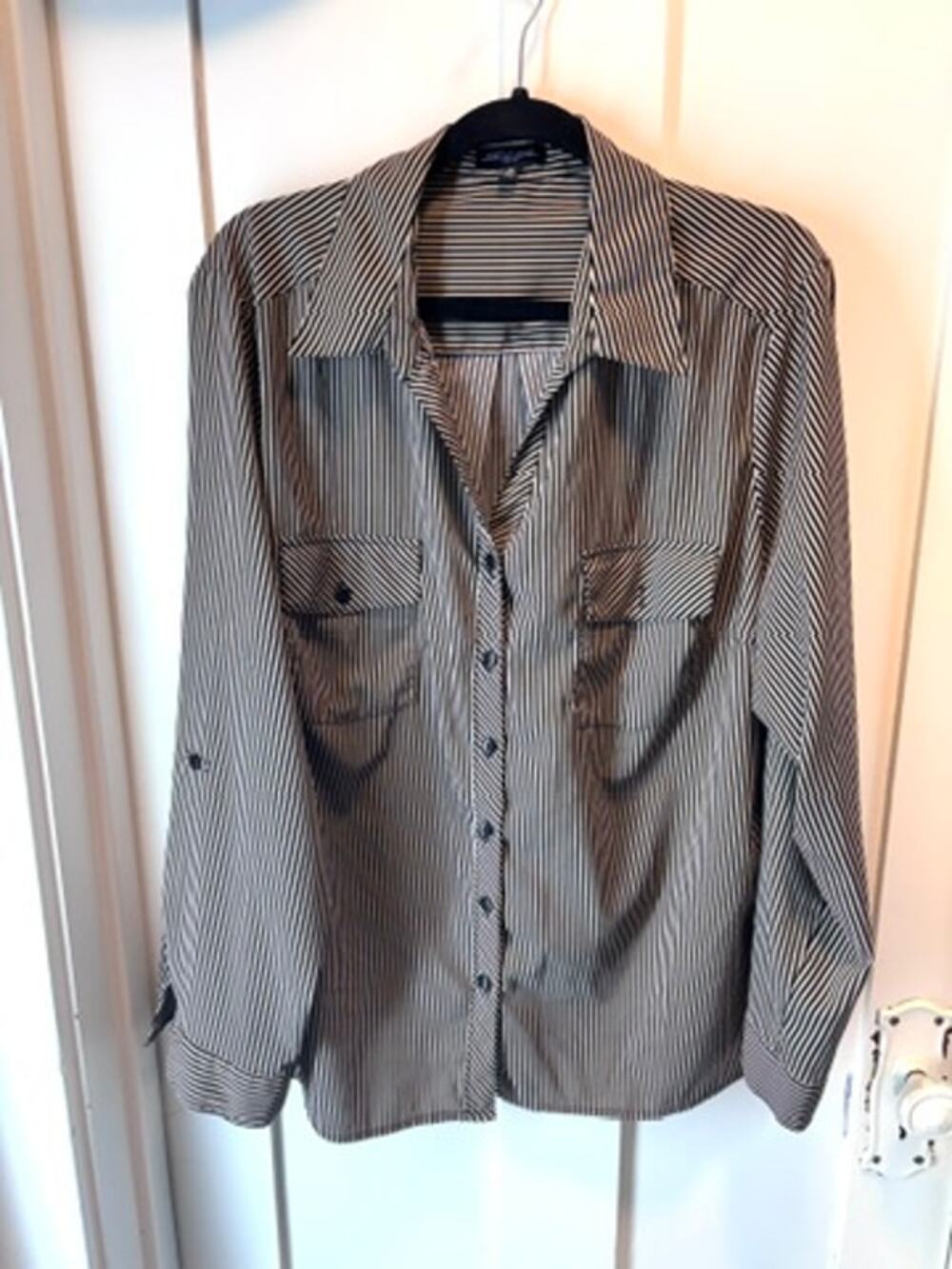 Notations Size 3X Striped Roll Tab Long Sleeve Blouse Pleated Back Top